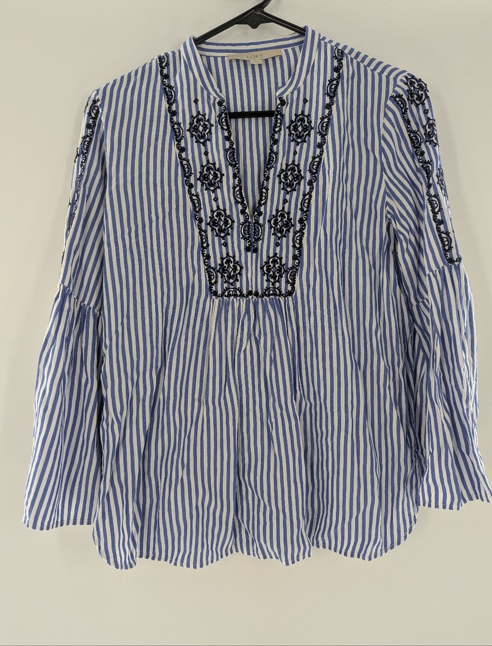 Loft Striped Embroidered Floral Blouse Bell Sleeves XS Blue Boho Festival Flowy